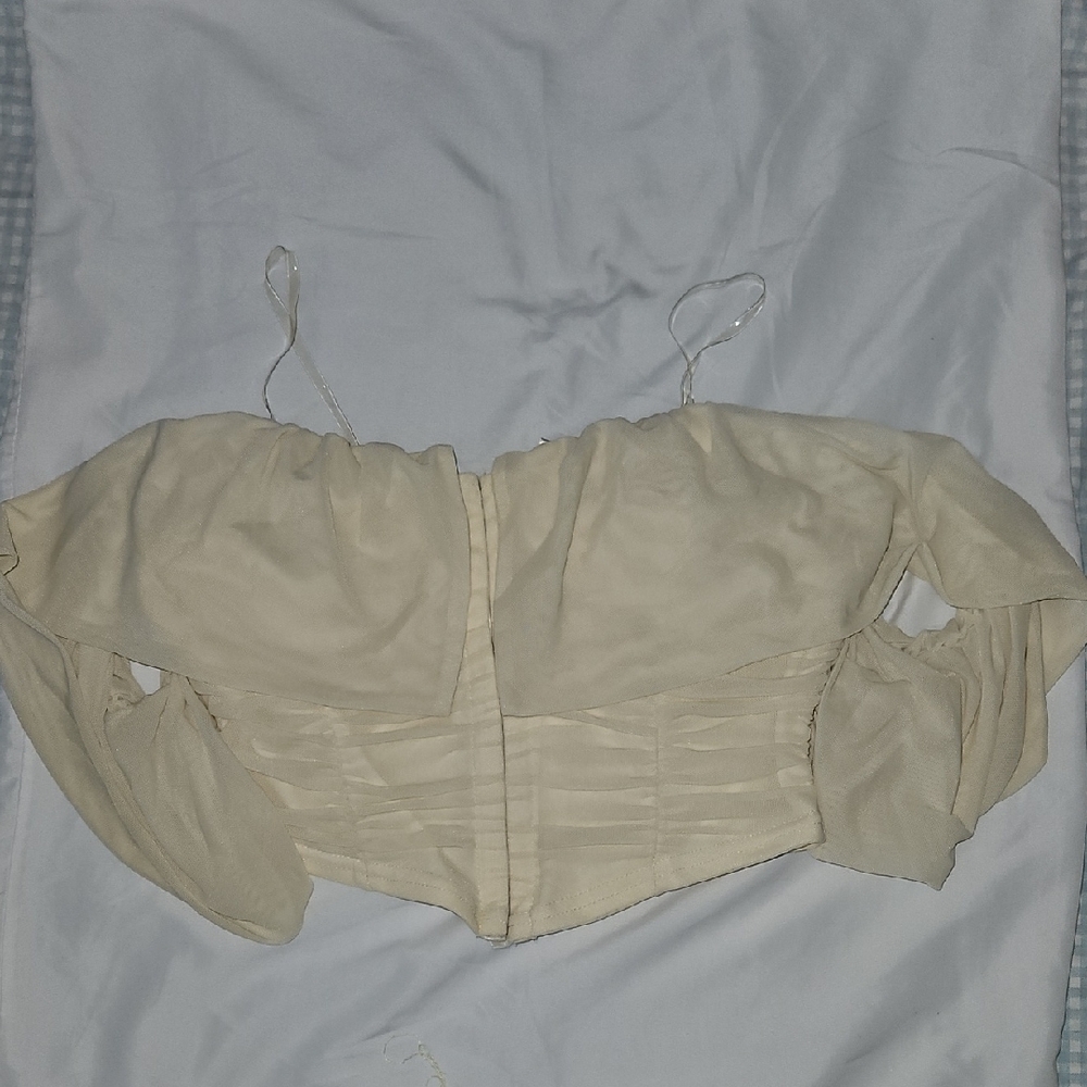 Cream Off-Shoulder Crop Top with Sheer.